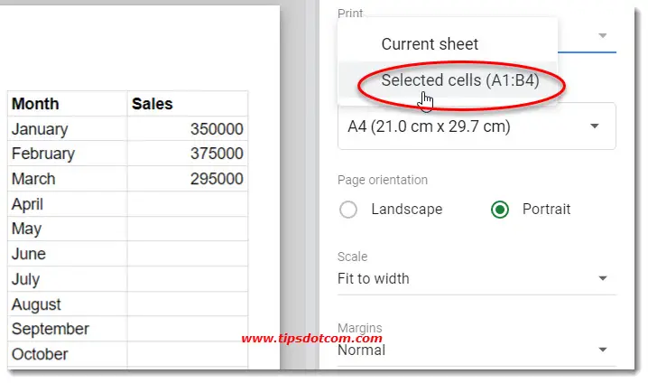 google sheets print selected cells android