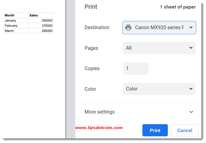 google sheet print selection
